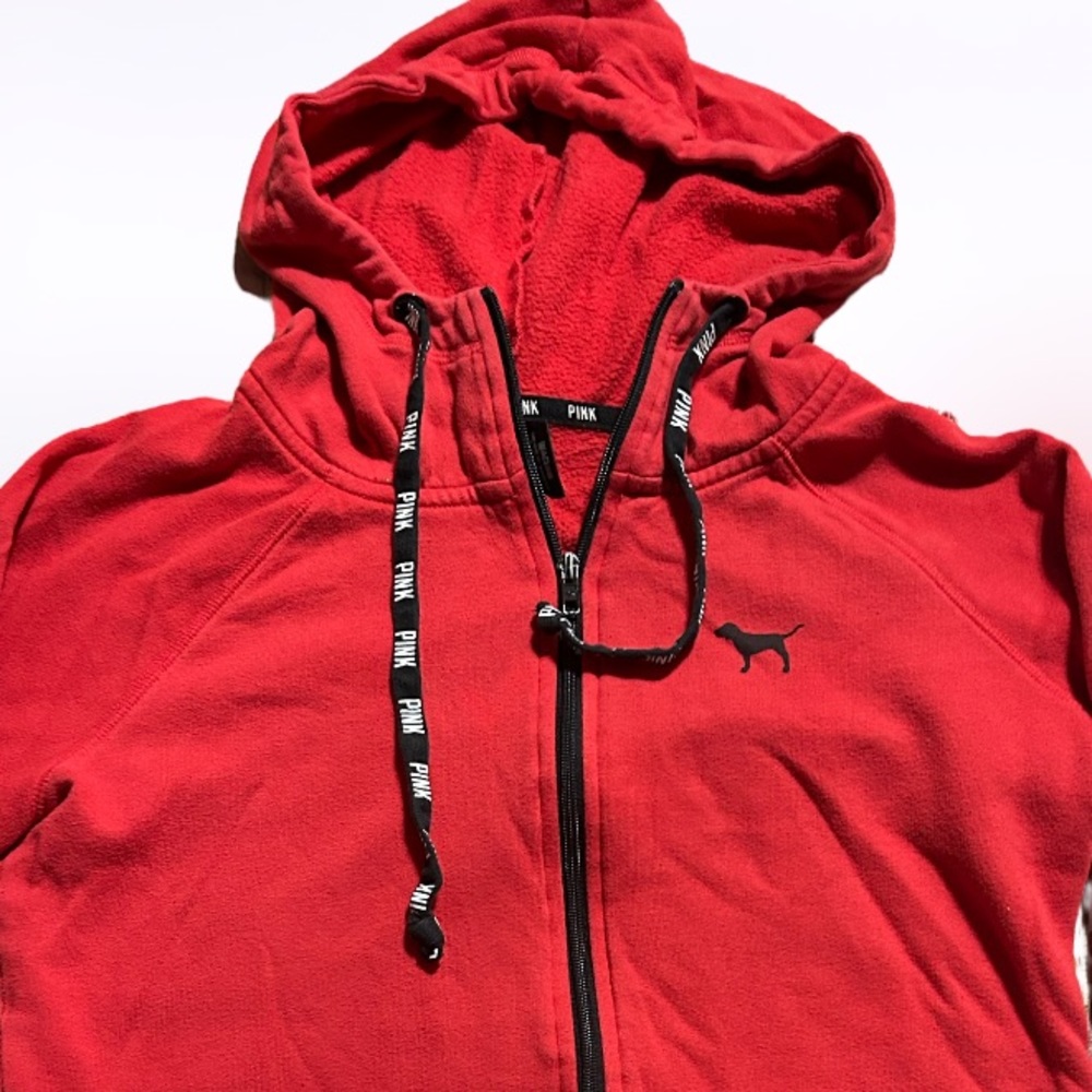 PINK Victoria’s Secret ❤️ RED Zip Up Hoody w/BLACK PUP 🐶 Logo SZ XS